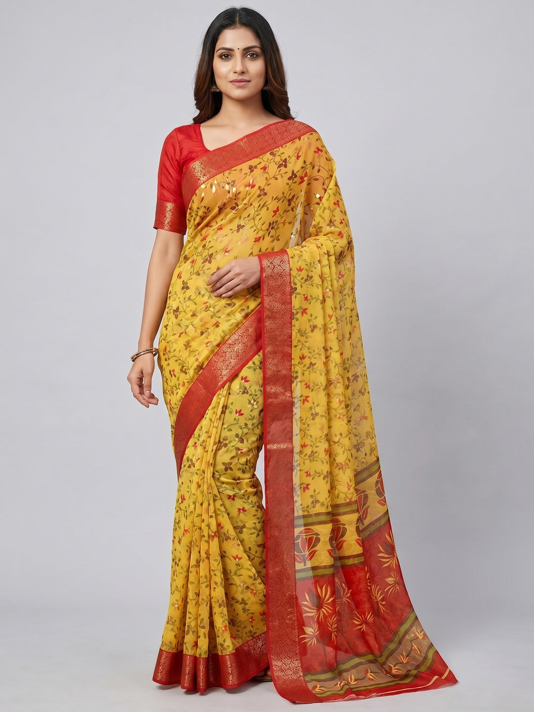 Yellow Floral Foil Printed Chiffon Saree - Image 1