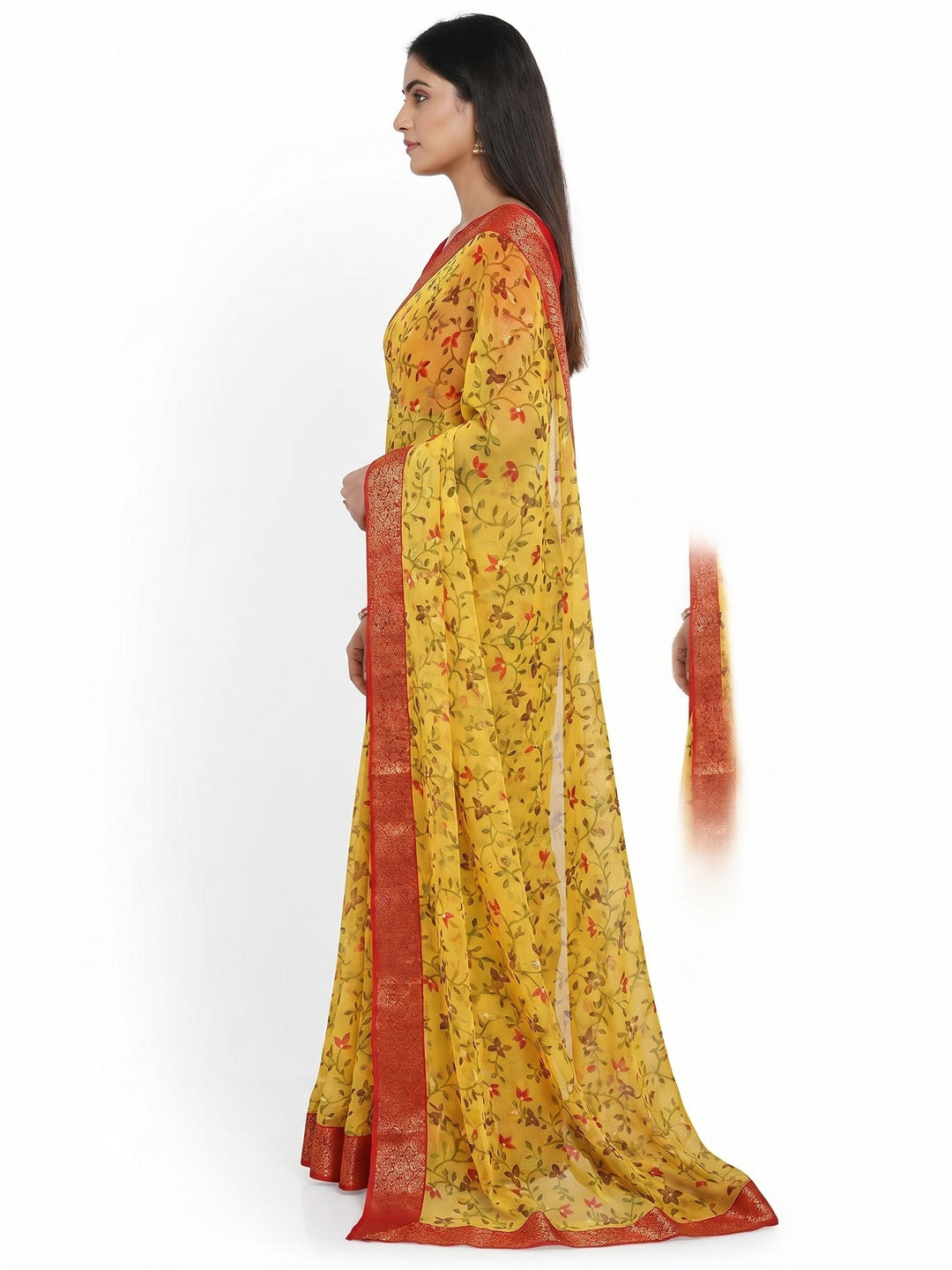 Yellow Floral Foil Printed Chiffon Saree - Image 2
