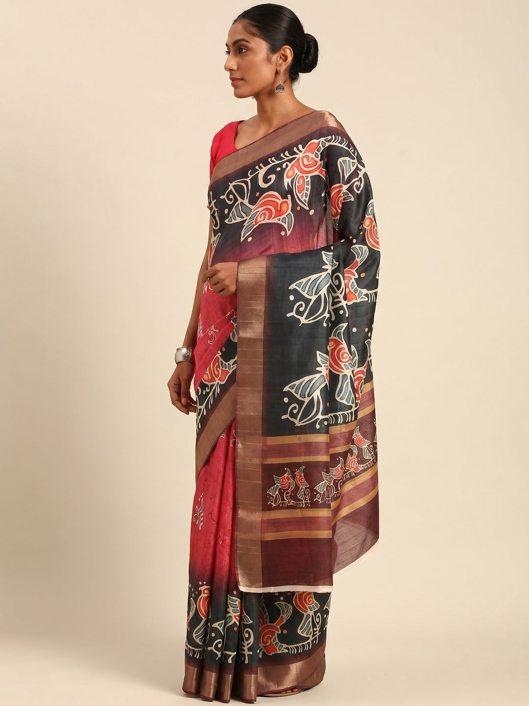 Pink & Black Digital Printed Cotton Blend Saree With Woven Border - Image 1