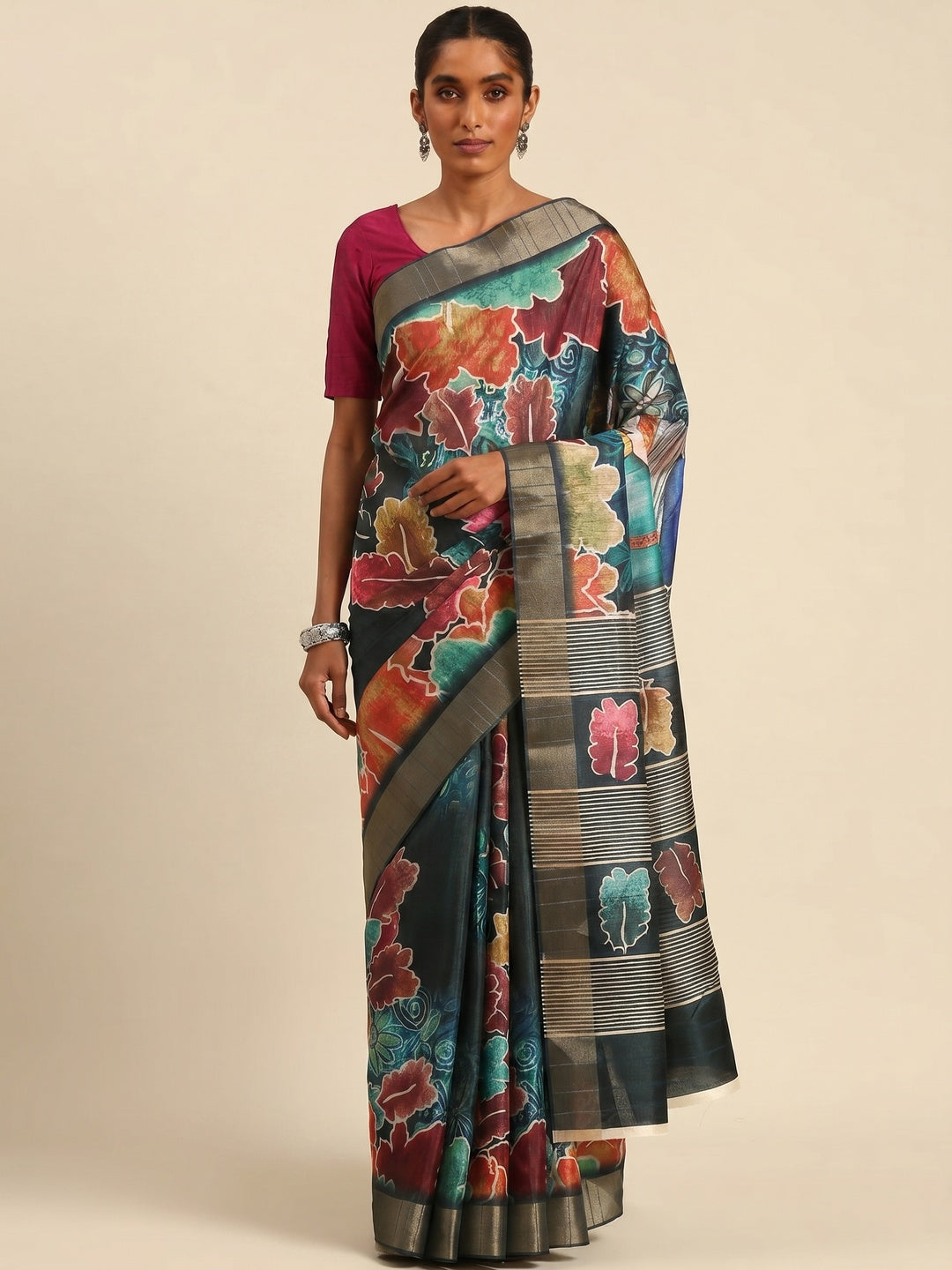 Teal Digital Printed Cotton Blend Saree With Woven Border - Image 1