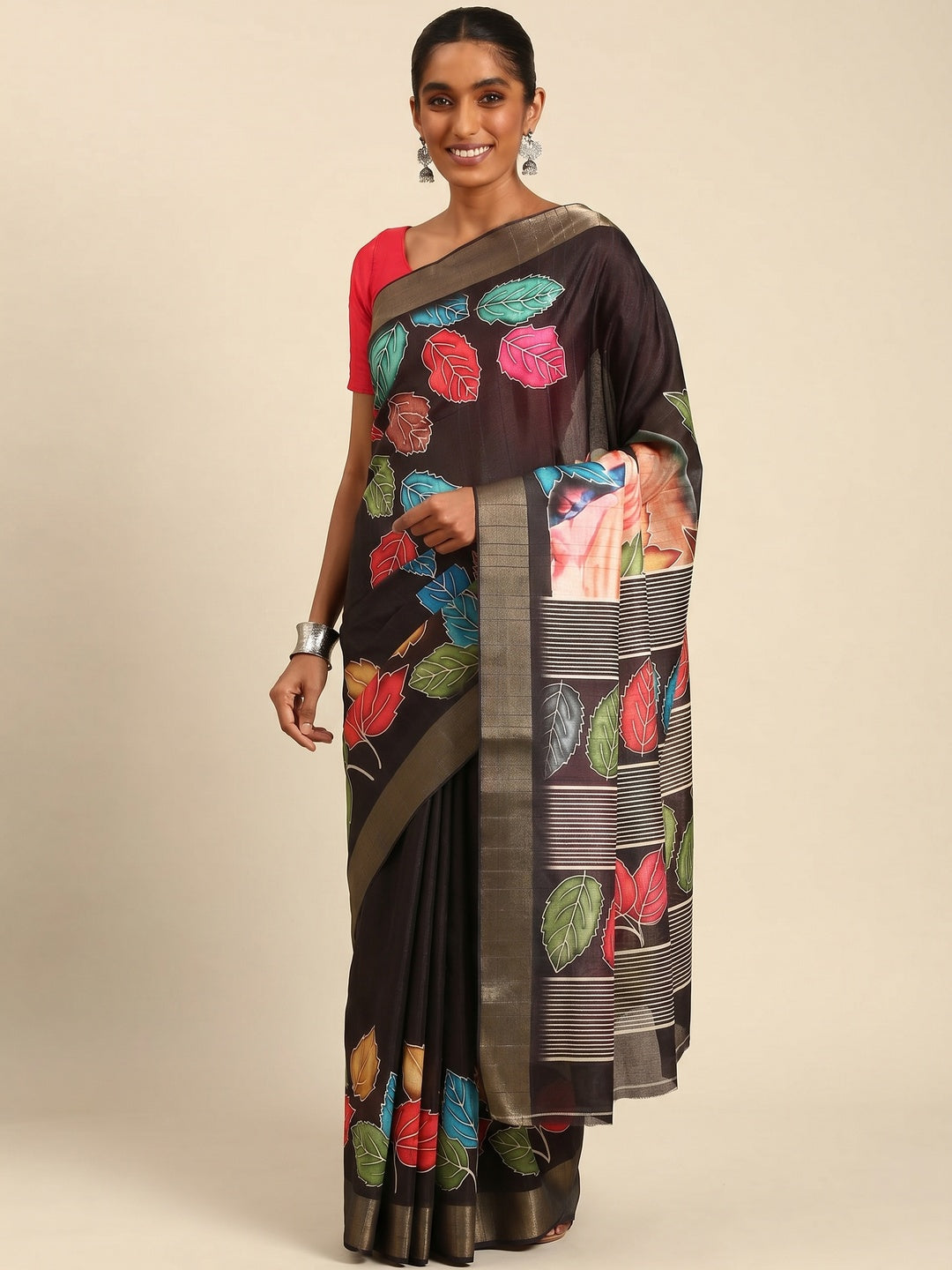 Black Digital Printed Cotton Blend Saree With Woven Border - Image 1