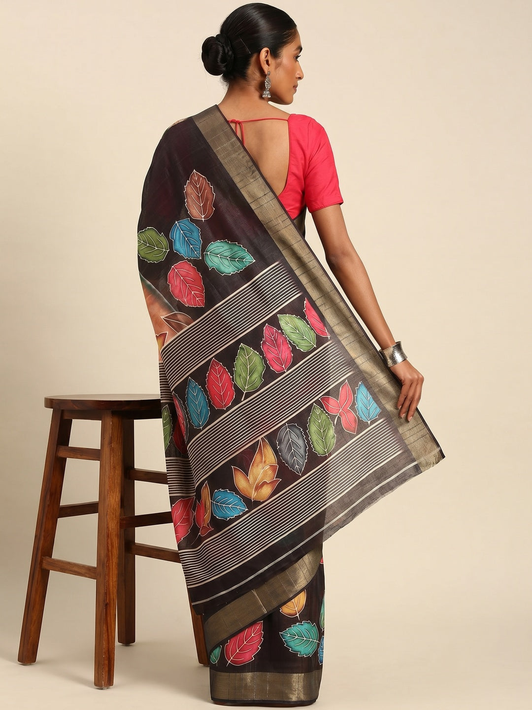 Black Digital Printed Cotton Blend Saree With Woven Border - Image 3