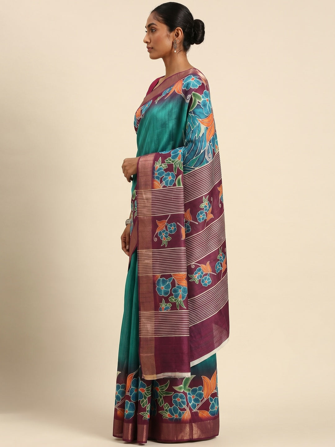 Turquoise Digital Printed Cotton Blend Saree With Woven Border - Image 1