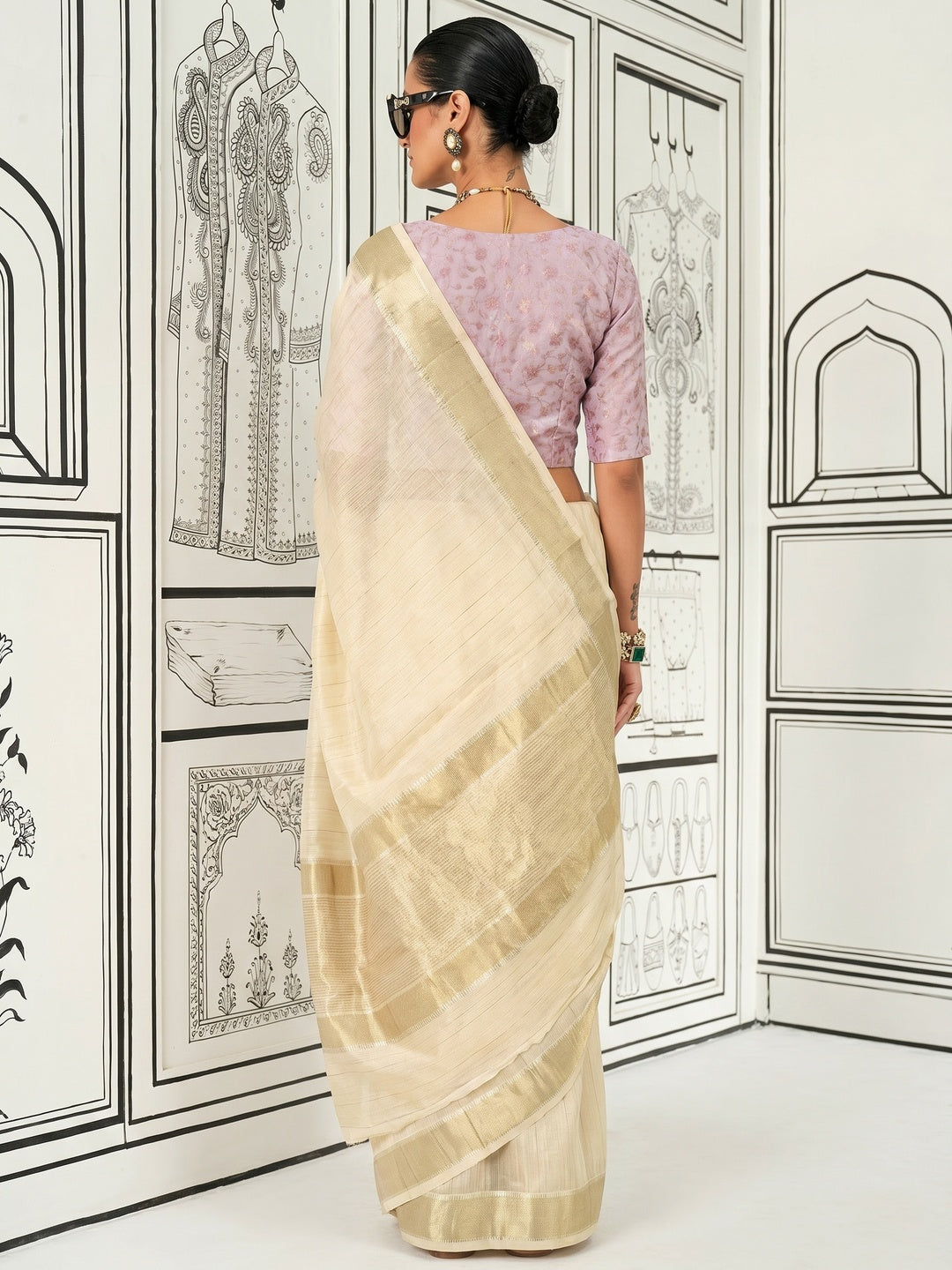 Beige Woven Zari Chiffon Saree - Image 1