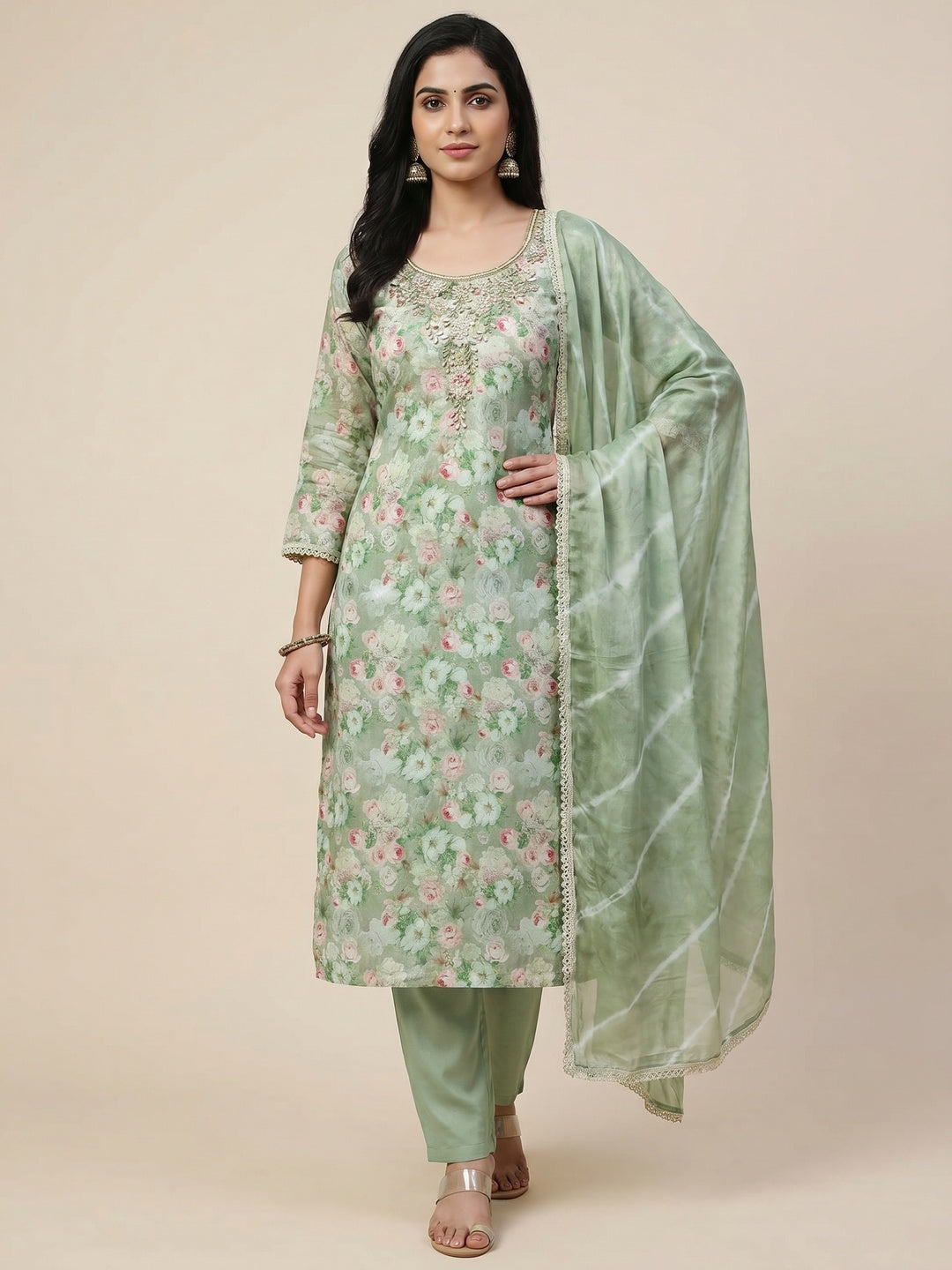 Green Floral Digital Printed With Hand Embroidery Muslin Dress Material - Image 1