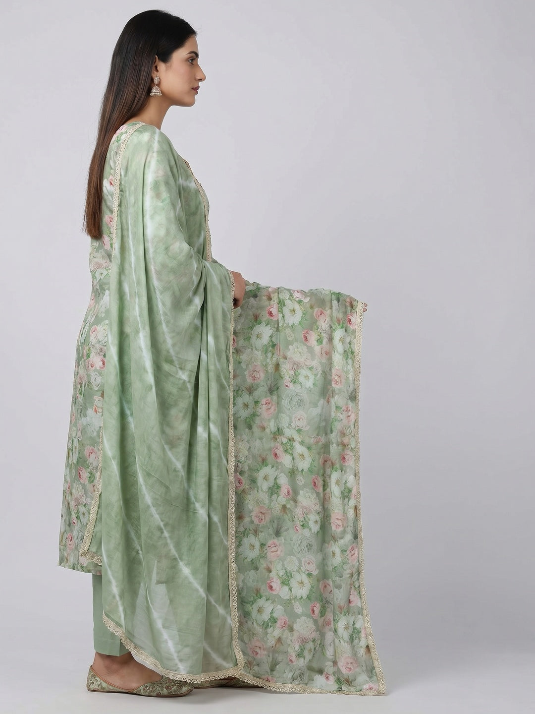 Green Floral Digital Printed With Hand Embroidery Muslin Dress Material - Image 2