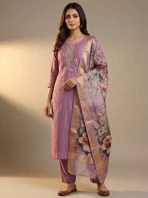 Purple Floral Hand Embroidered Cotton Silk Dress Material - Image 1