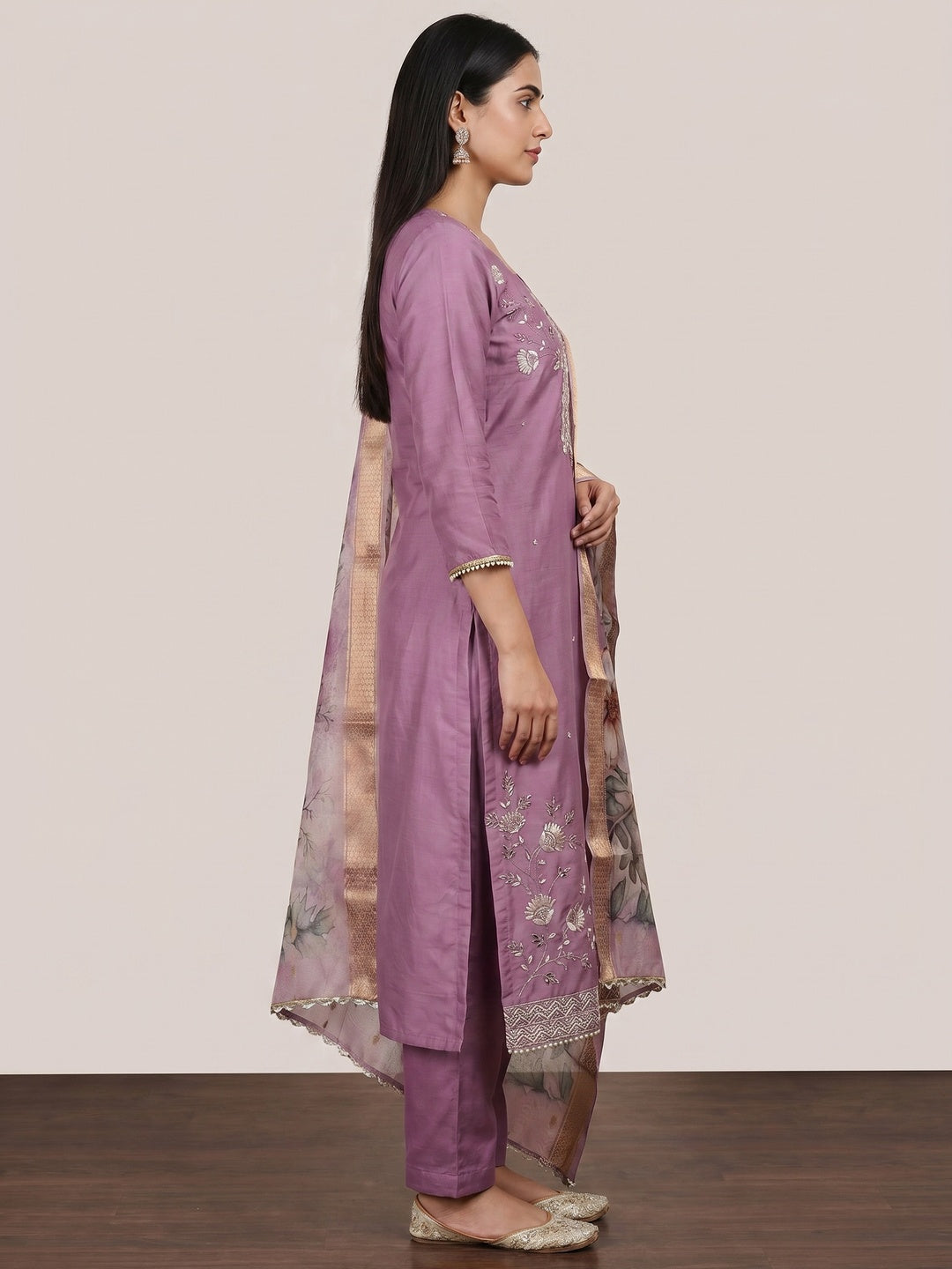 Purple Floral Hand Embroidered Cotton Silk Dress Material - Image 3