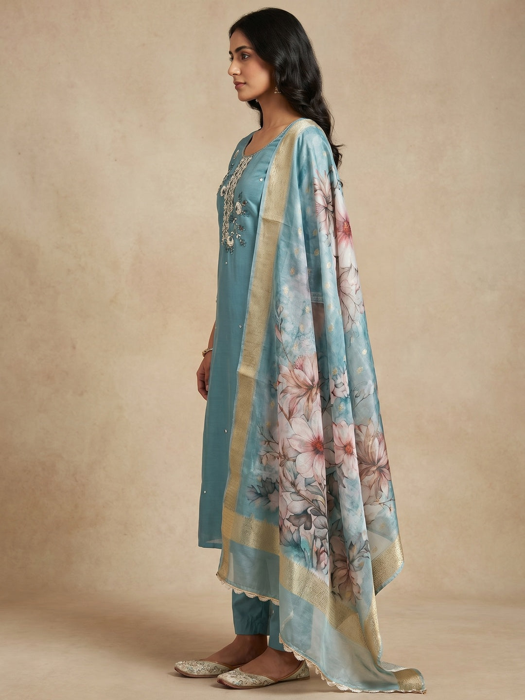 Blue Floral Hand Embroidered Cotton Silk Dress Material - Image 2