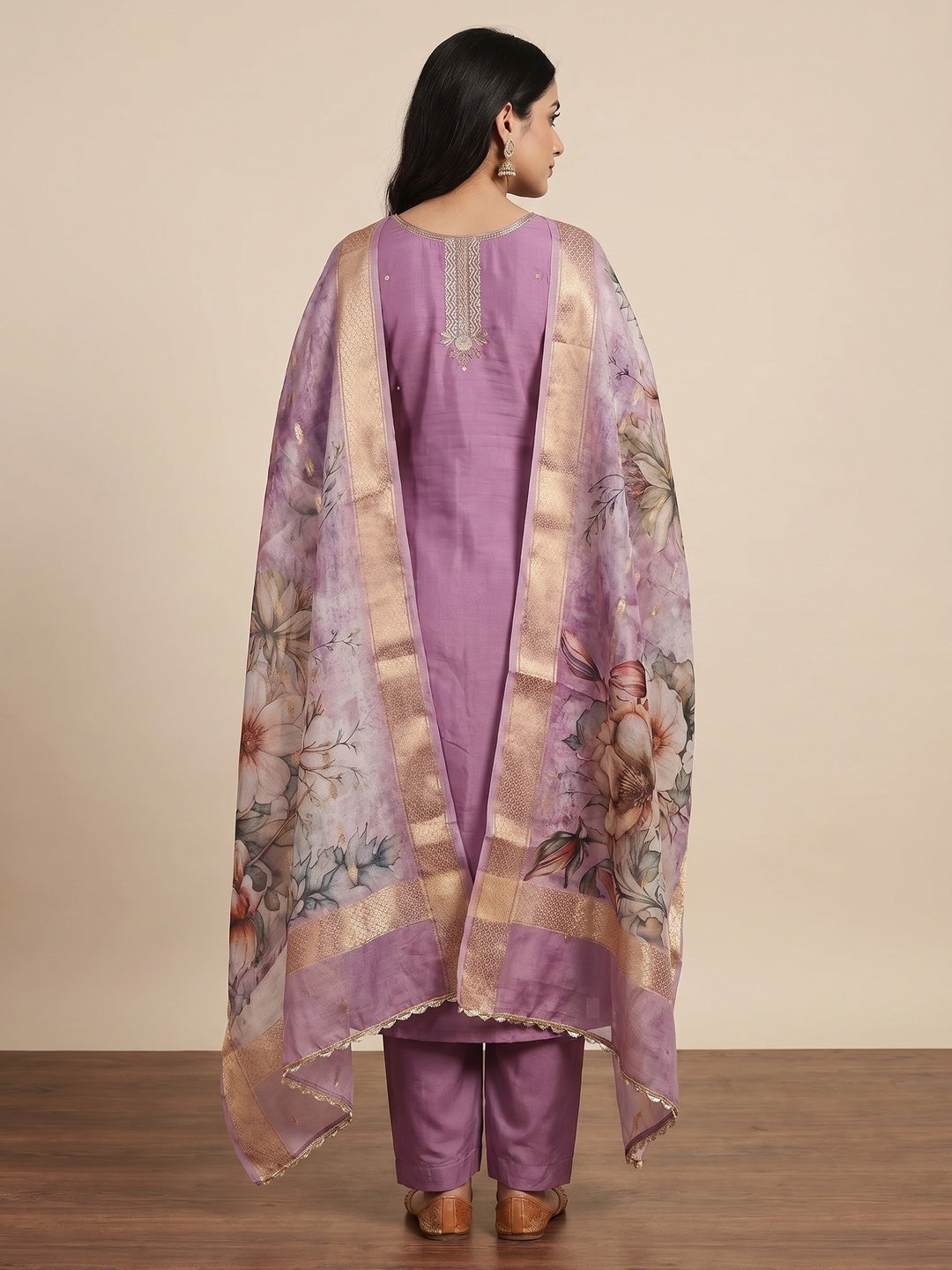 Purple Floral Hand Embroidered Cotton Silk Dress Material - Image 2