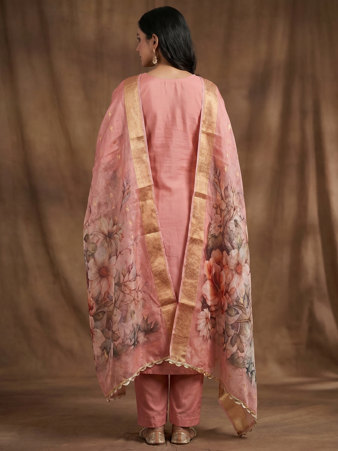 Peach Floral Hand Embroidered Cotton Silk Dress Material - Image 2