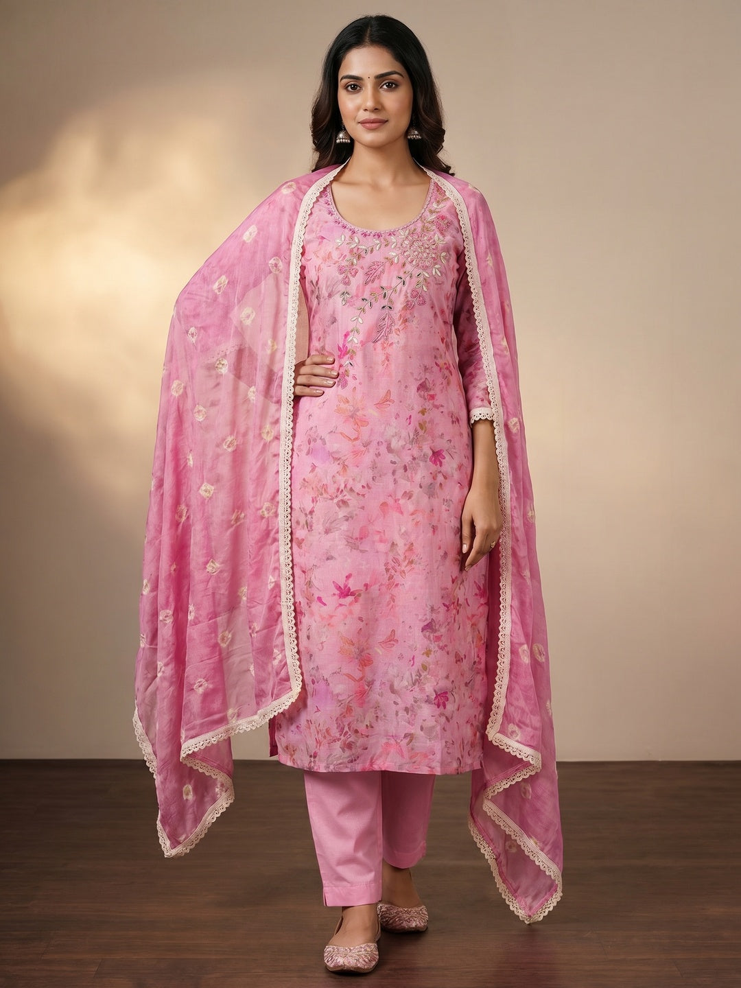 Pink Printed With Hand Embroidery Pure Cotton Dress Material - Image 1
