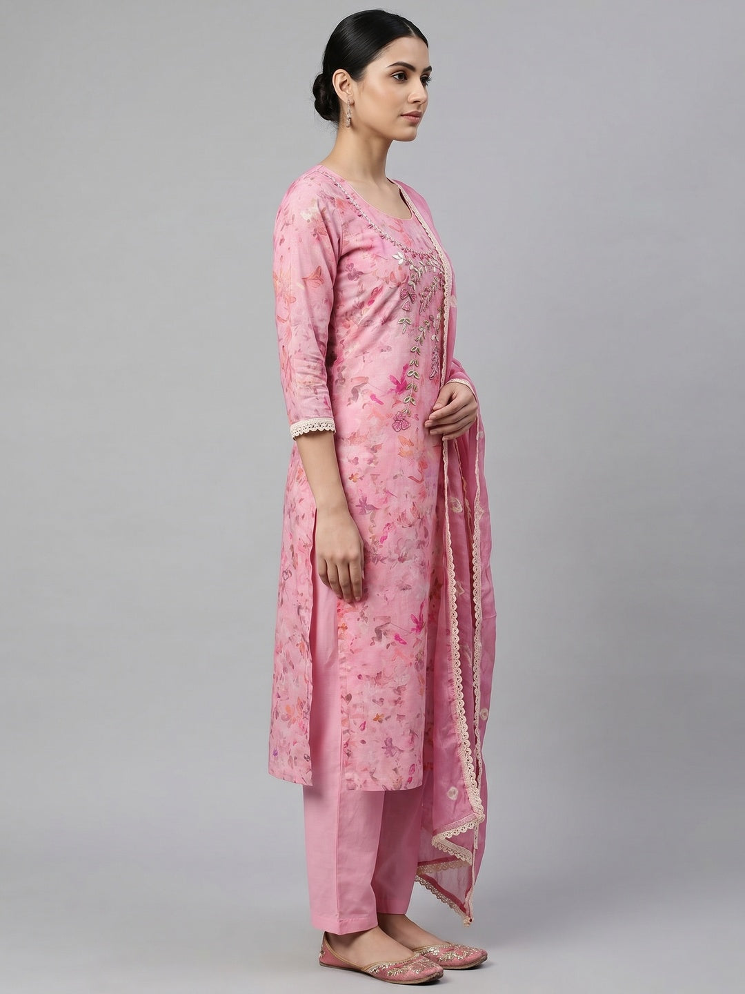 Pink Printed With Hand Embroidery Pure Cotton Dress Material - Image 3
