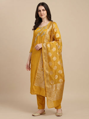 Yellow Floral Hand Embroidered Viscose Dress Material - Image 1