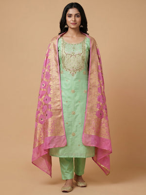Green Woven With Hand Embroidered Chanderi Dress Material - Image 1