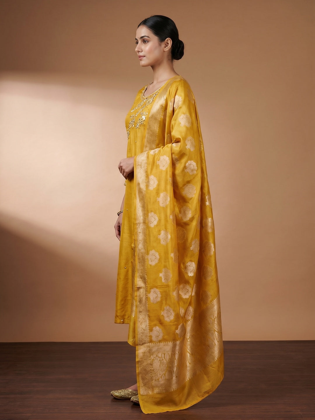 Yellow Floral Hand Embroidered Viscose Dress Material - Image 2