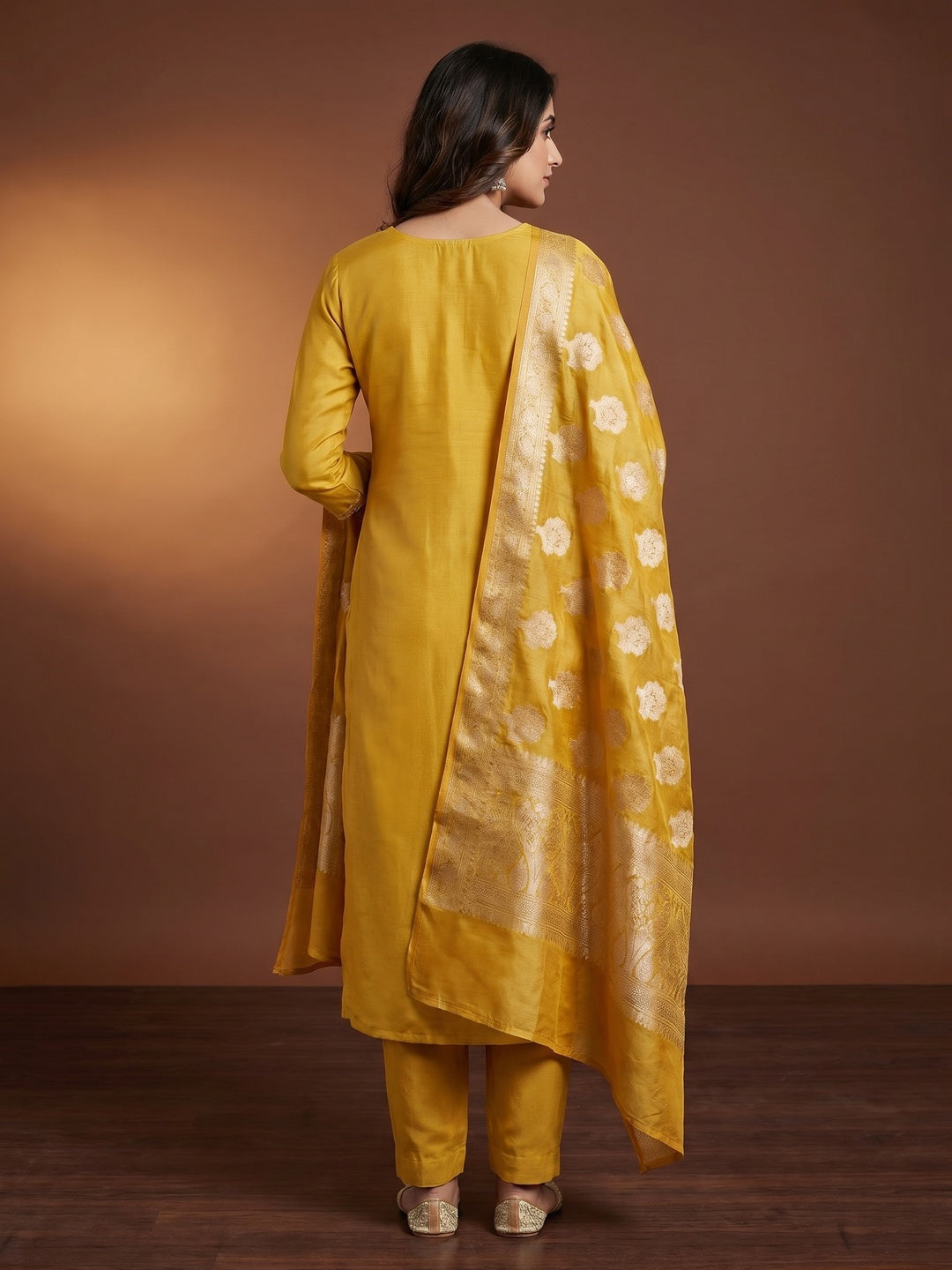 Yellow Floral Hand Embroidered Viscose Dress Material - Image 3