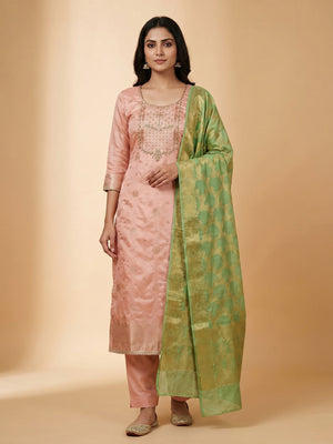 Peach Woven With Hand Embroidered Chanderi Dress Material - Image 1