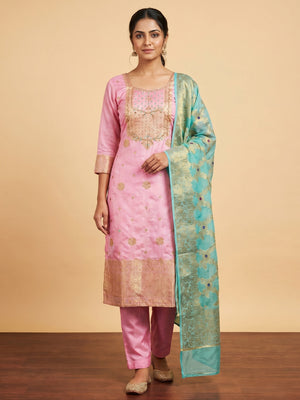 Pink Woven With Hand Embroidered Chanderi Dress Material - Image 1
