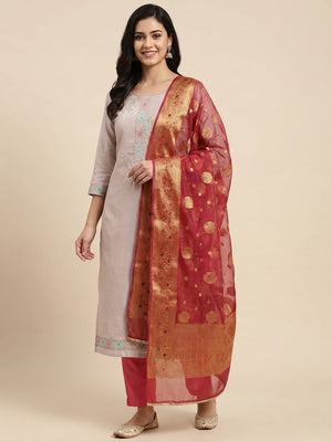 Beige Floral Embroidered Cotton Silk Dress Material - Image 1