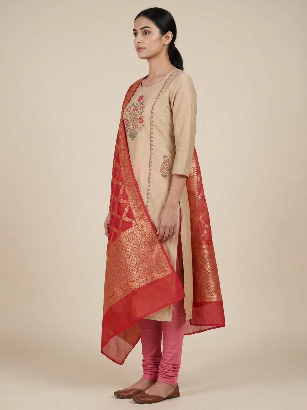 Beige Floral Embroidered Cotton Silk Dress Material - Image 2