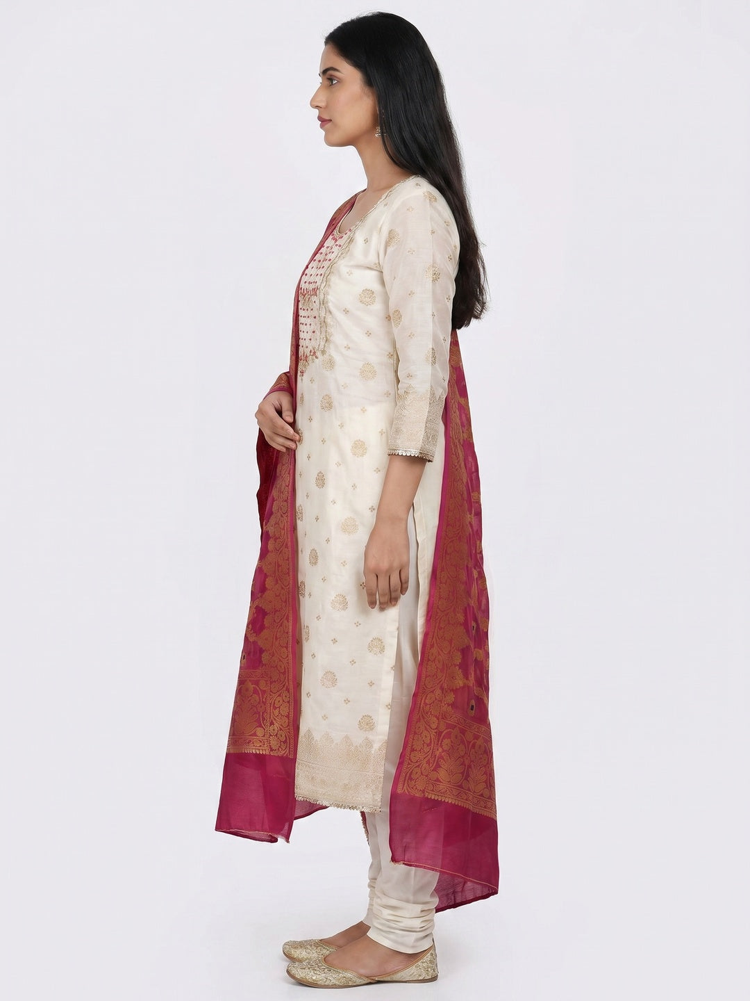 Offwhite Woven With Hand Embroidered Chanderi Dress Material - Image 3