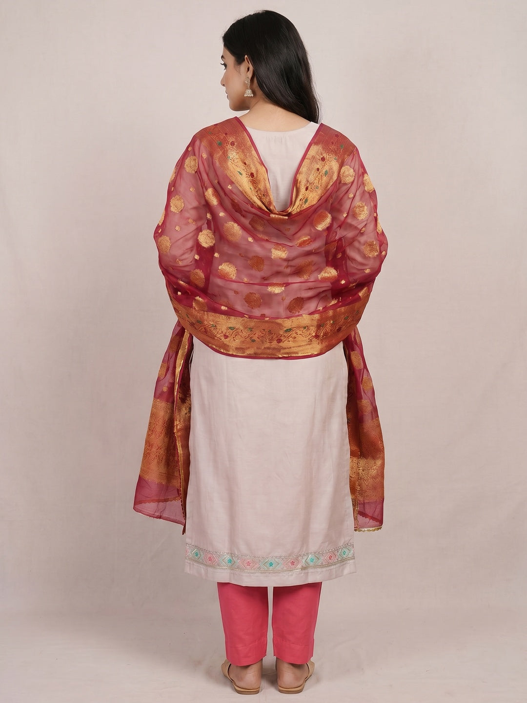Beige Floral Embroidered Cotton Silk Dress Material - Image 3