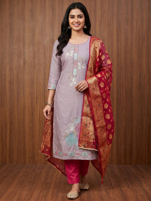 Light Purple Floral Embroidered Cotton Silk Dress Material - Image 1