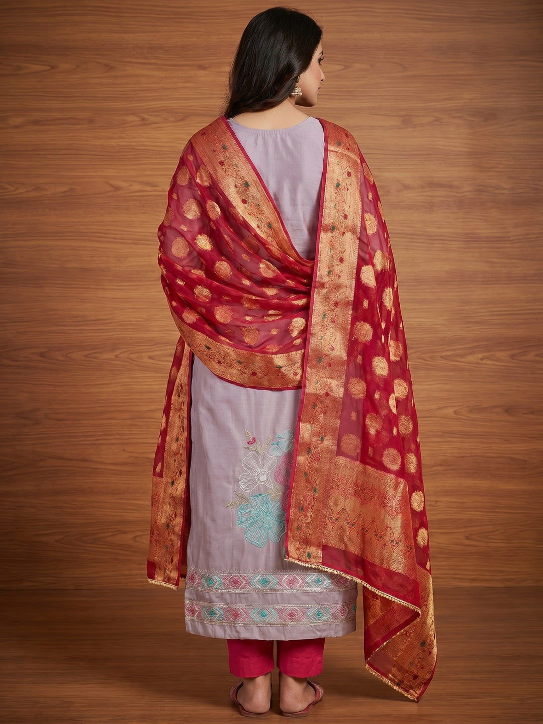 Light Purple Floral Embroidered Cotton Silk Dress Material - Image 2
