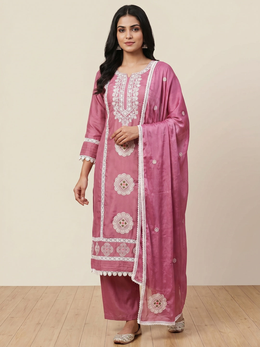 Pink Floral Embroidered Cotton Silk Dress Material - Image 1