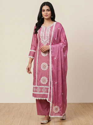 Pink Floral Embroidered Cotton Silk Dress Material - Image 1