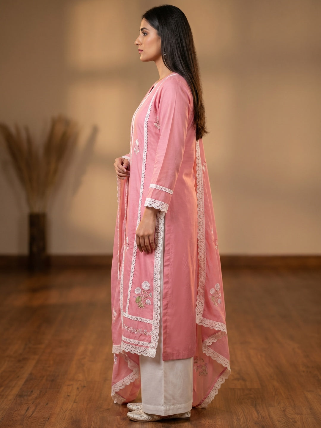 Pink Floral Embroidered Cotton Silk Dress Material - Image 3