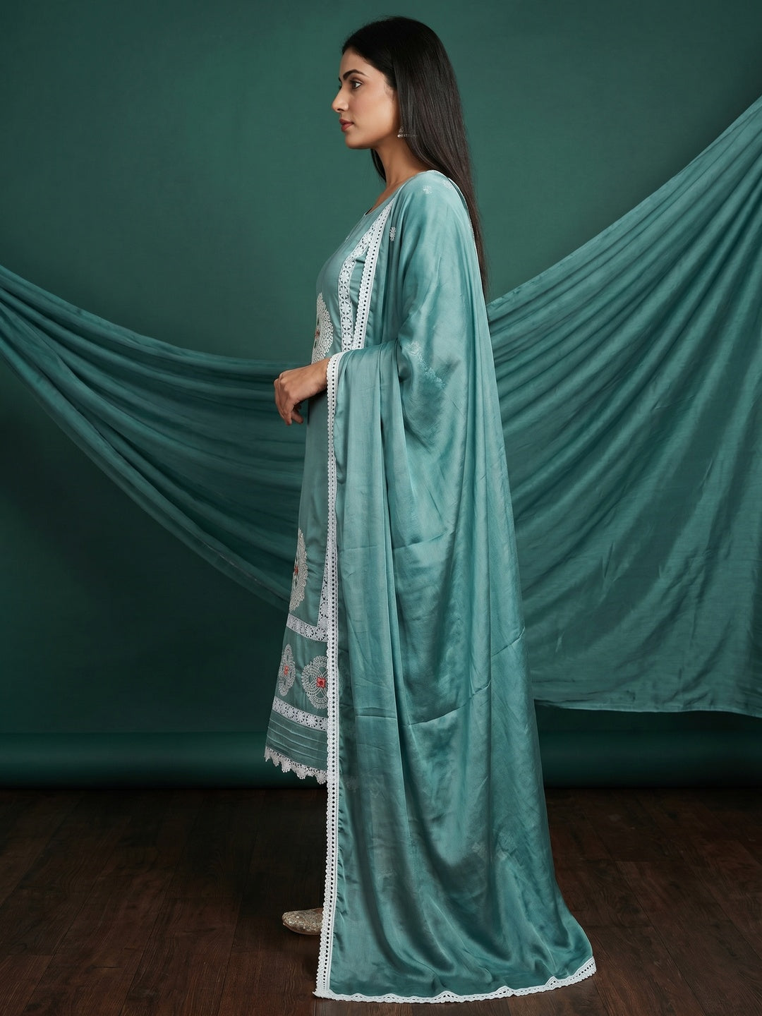 Rama Blue Floral Embroidered Cotton Silk Dress Material - Image 2