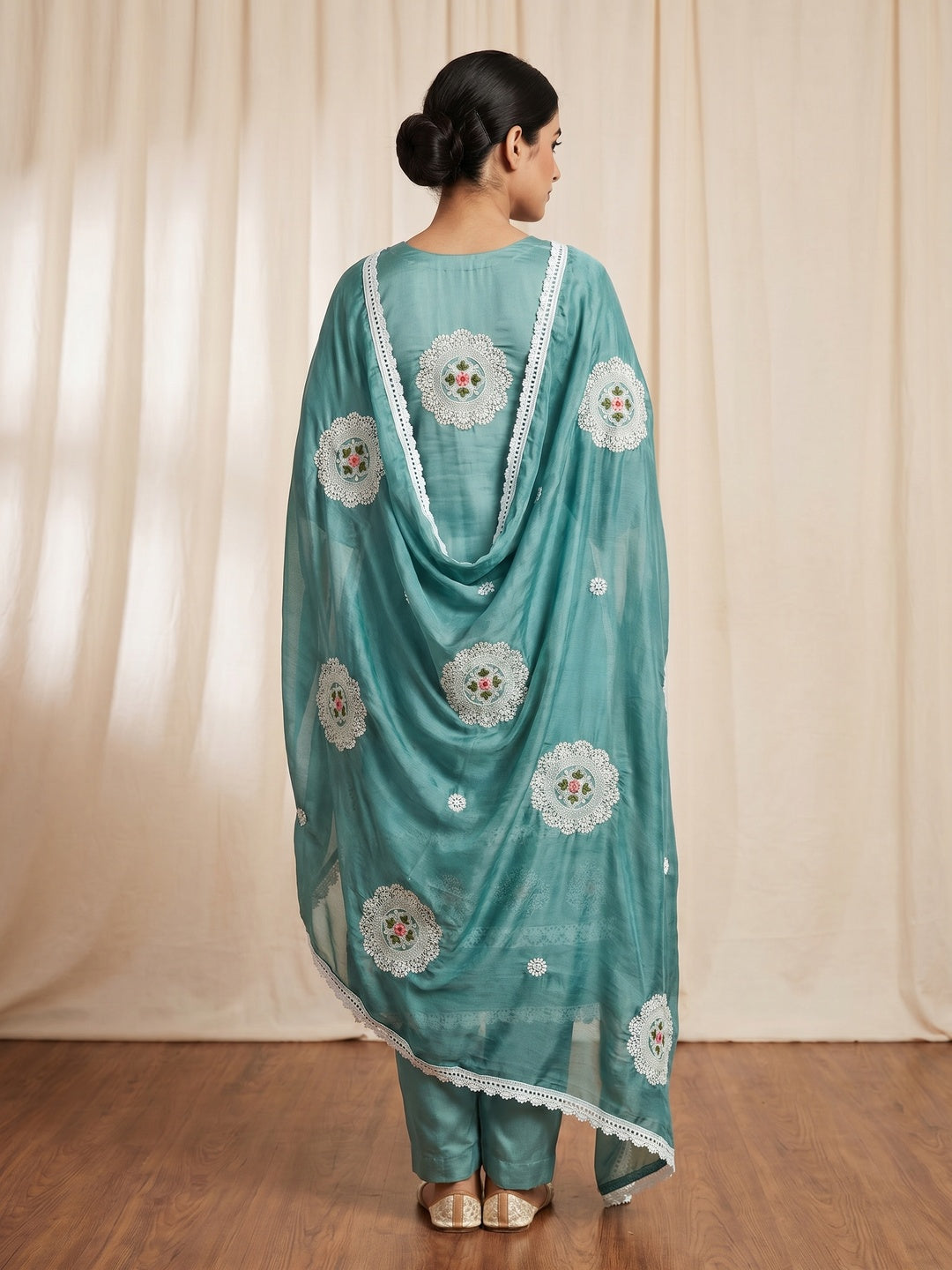 Rama Blue Floral Embroidered Cotton Silk Dress Material - Image 3