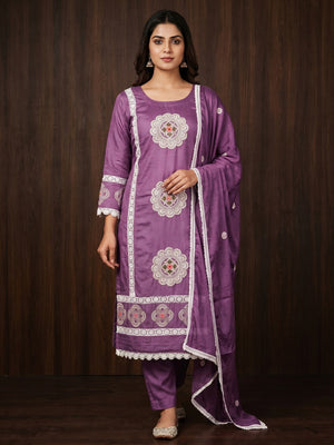 Purple Floral Embroidered Cotton Silk Dress Material - Image 1