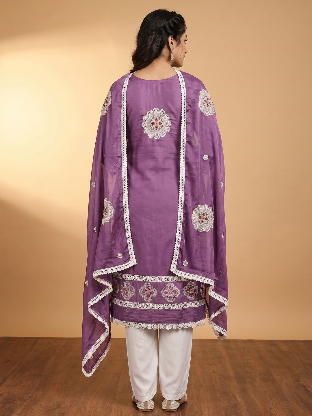 Purple Floral Embroidered Cotton Silk Dress Material - Image 2