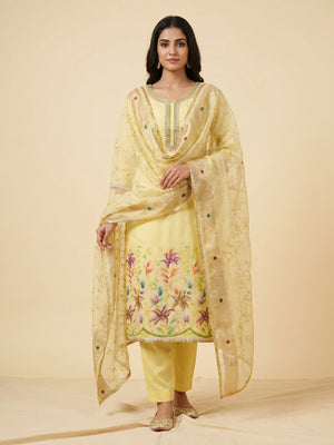 Yellow Floral Hand Embroidered Organza Dress Material - Image 1