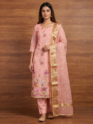 Peach Floral Hand Embroidered Organza Dress Material - Image 1