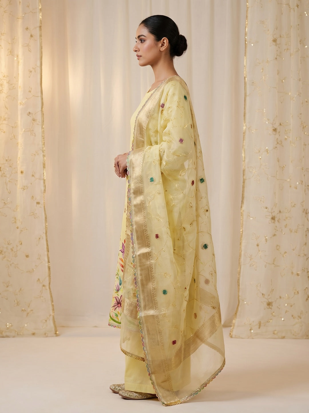 Yellow Floral Hand Embroidered Organza Dress Material - Image 2