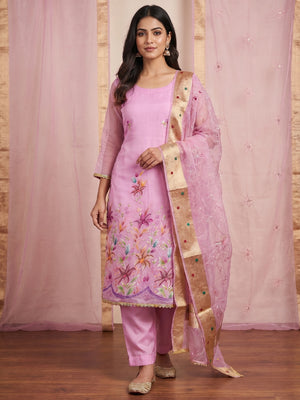 Pink Floral Hand Embroidered Organza Dress Material - Image 1