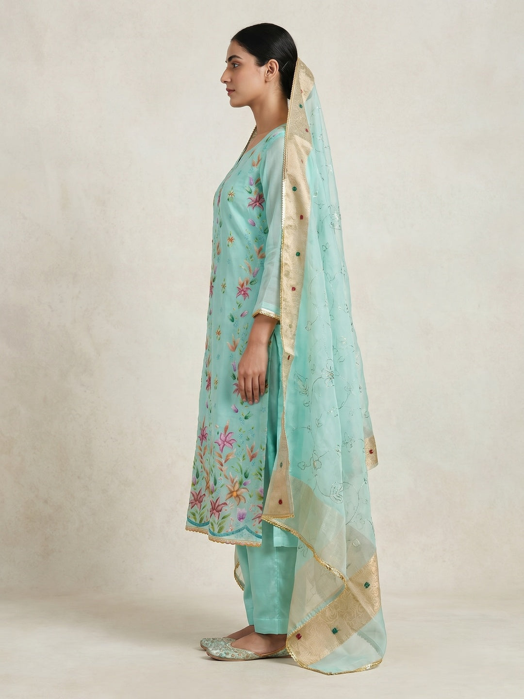 Turquoise Floral Hand Embroidered Organza Dress Material - Image 3