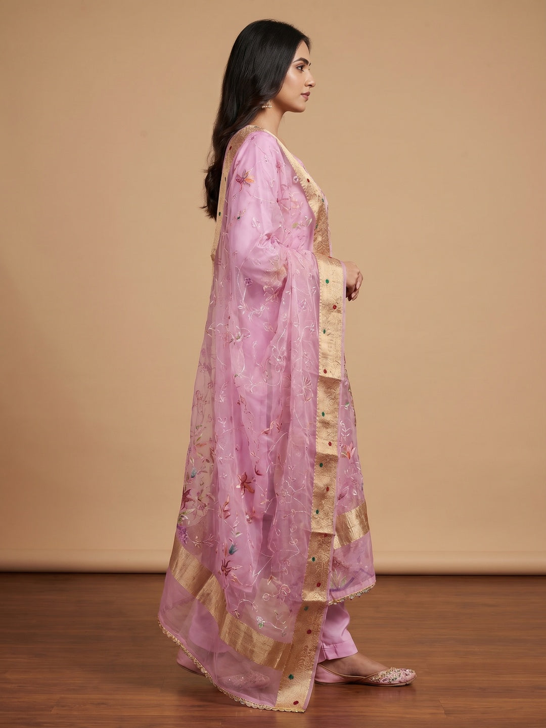 Pink Floral Hand Embroidered Organza Dress Material - Image 2