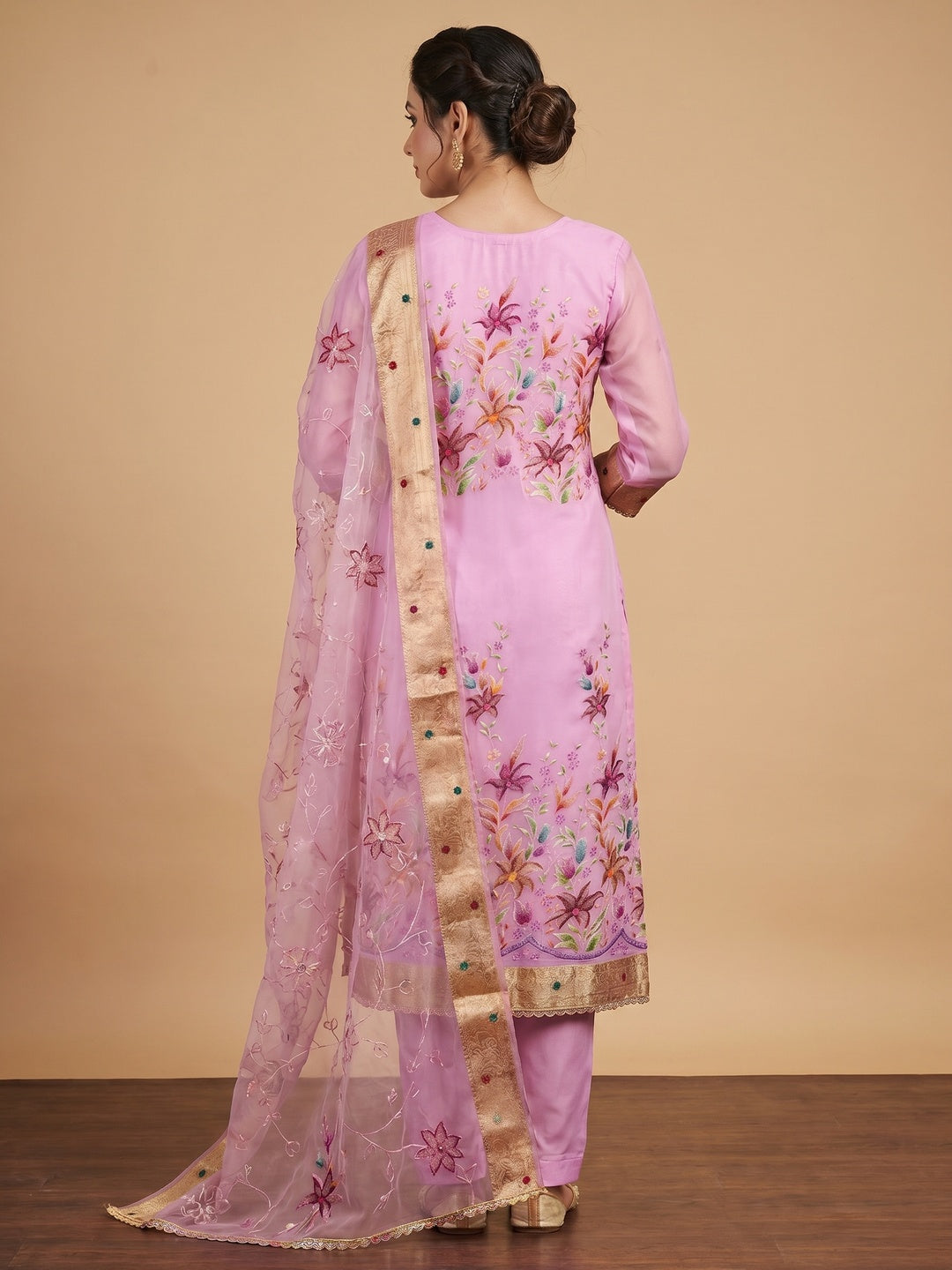 Pink Floral Hand Embroidered Organza Dress Material - Image 3