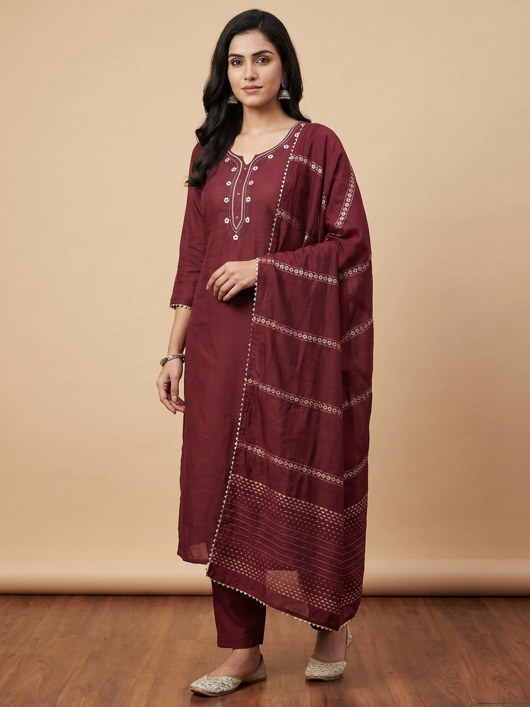 Maroon Hand Embroidered Cotton Blend Dress Material - Image 1