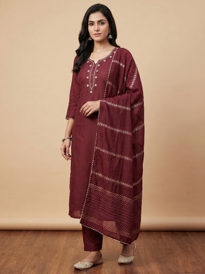 Maroon Hand Embroidered Cotton Blend Dress Material - Image 1