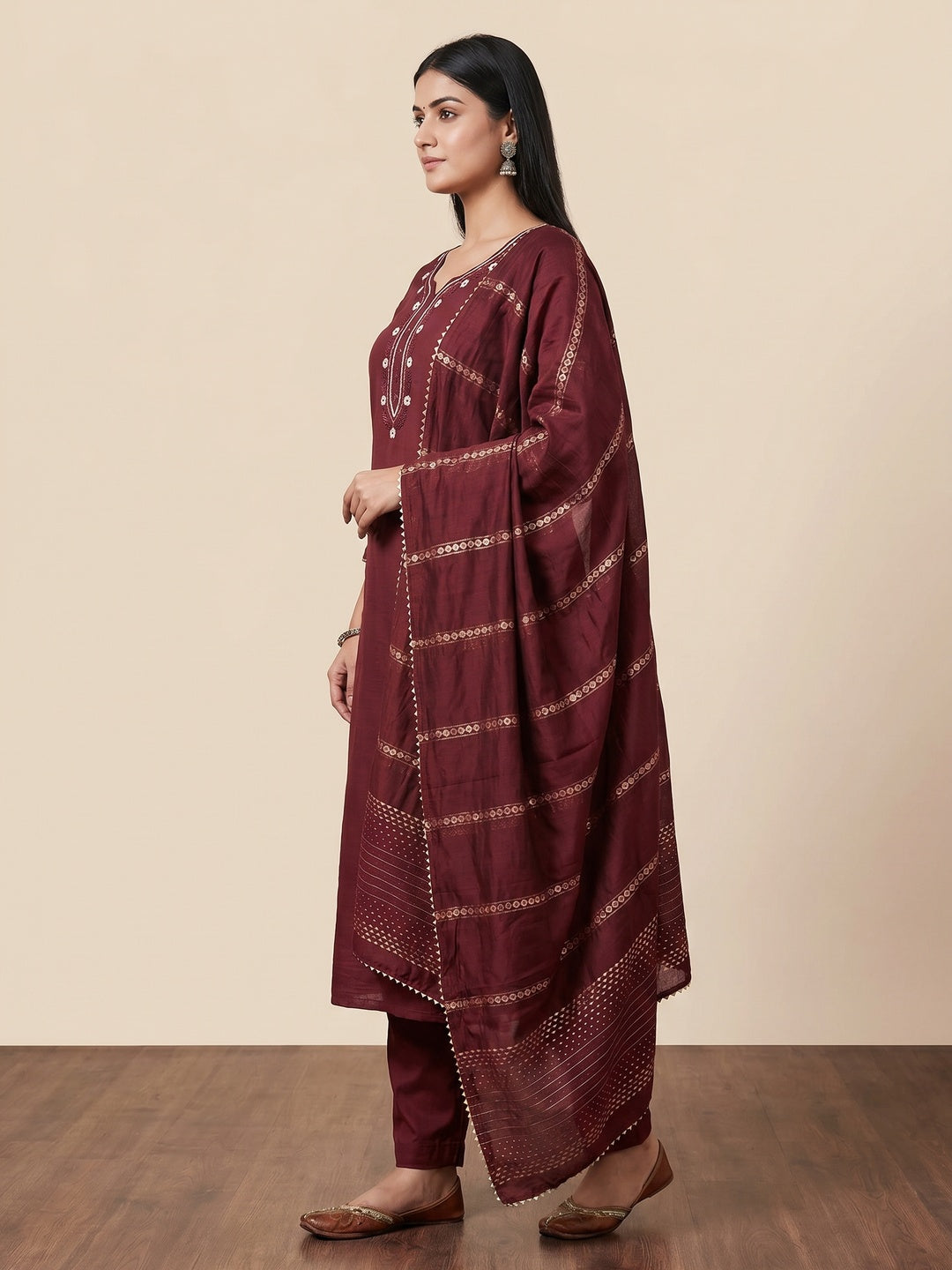 Maroon Hand Embroidered Cotton Blend Dress Material - Image 2