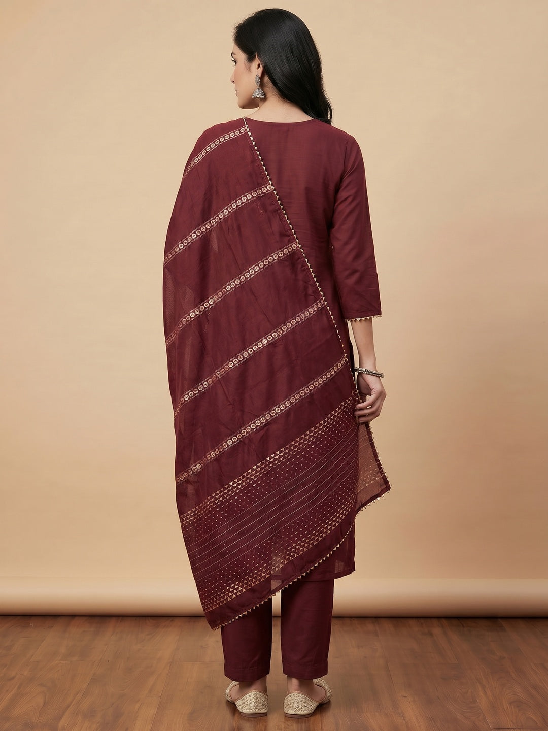 Maroon Hand Embroidered Cotton Blend Dress Material - Image 3