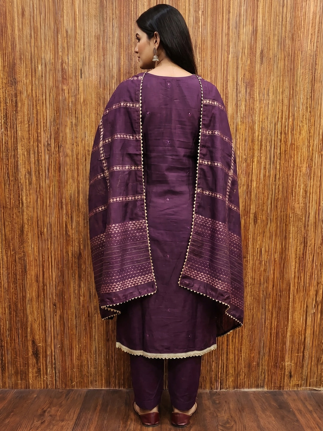 Wine Hand Embroidered Cotton Blend Dress Material - Image 3