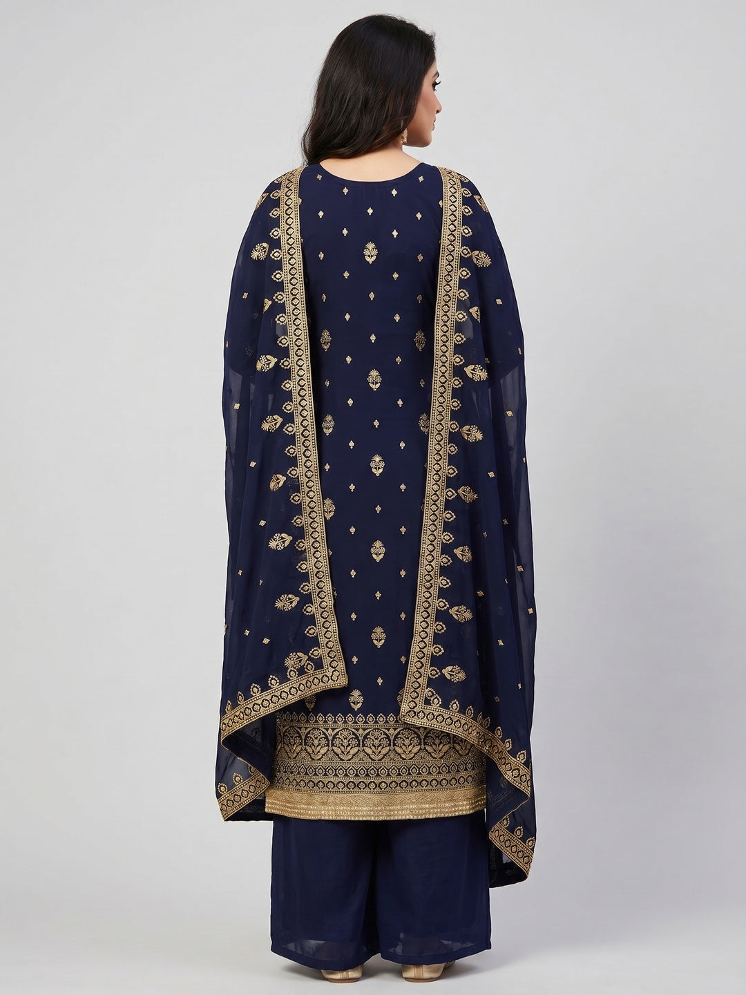 Navy Blue Floral Embroidered Georgette Dress Material - Image 3
