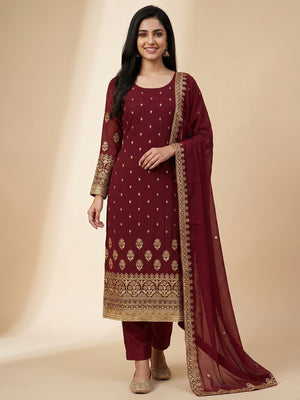 Maroon Floral Embroidered Georgette Dress Material - Image 1